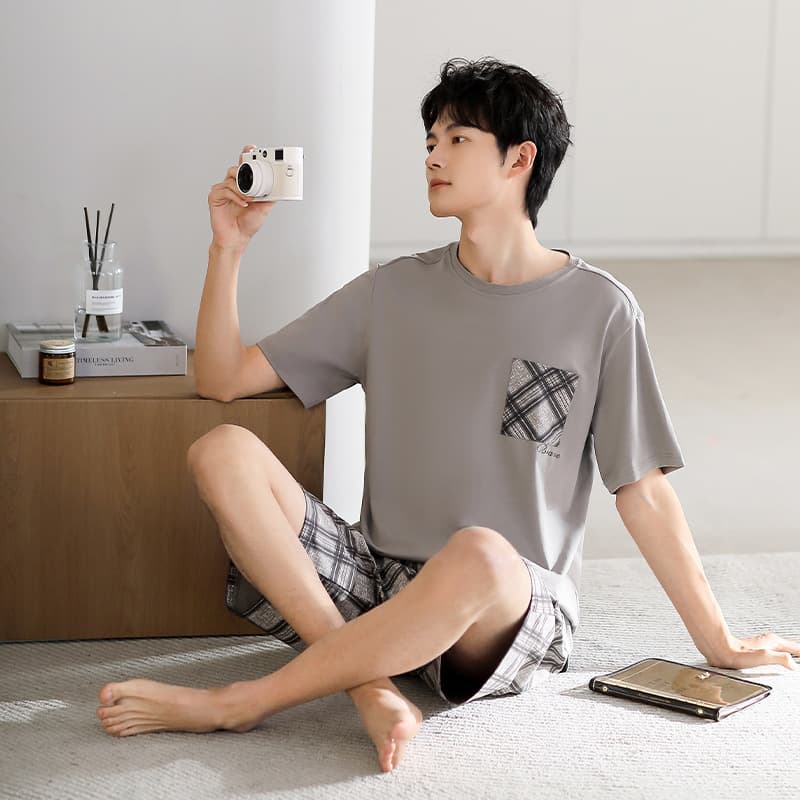Men's Summer Cotton Pajama Set with Plaid Short Sleeve and Shorts, Thin Fabric, Youth Simple Casual Loungewear