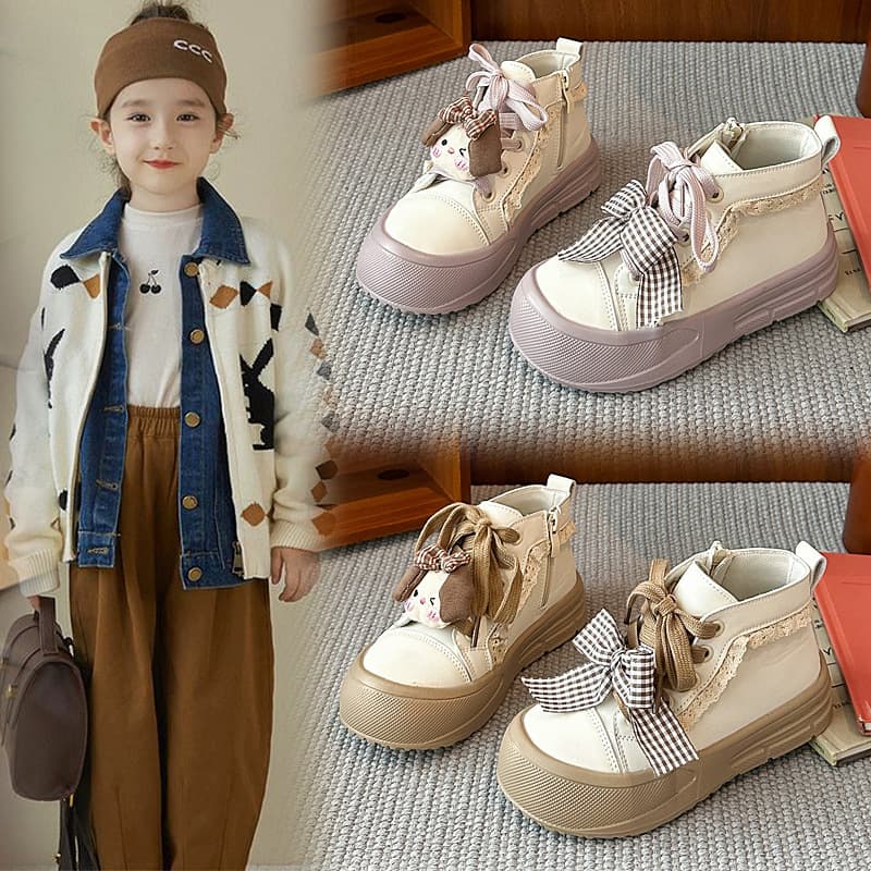 Girls' Solid Color Ankle Boots 2025 Autumn New Arrival Little Girl Cute Check Bow Dog Doll Fashion Single Boots