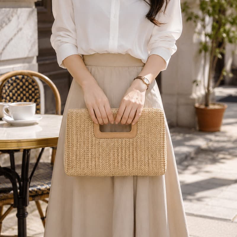 Women's 2026 Summer New Vacation Style Woven Straw Clutch Bag with Detachable Chain Crossbody Bag for Overseas Market