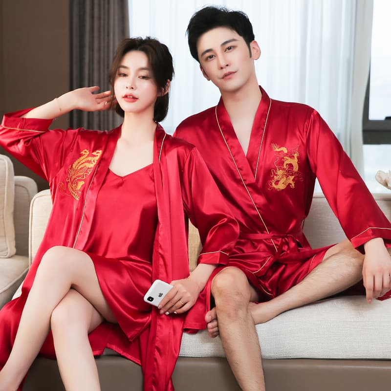 Summer Ice Silk Long Sleeve Couple Pajamas Set, Women's Sexy Slip Dress, Men's Plus Size Silk Thin Homewear