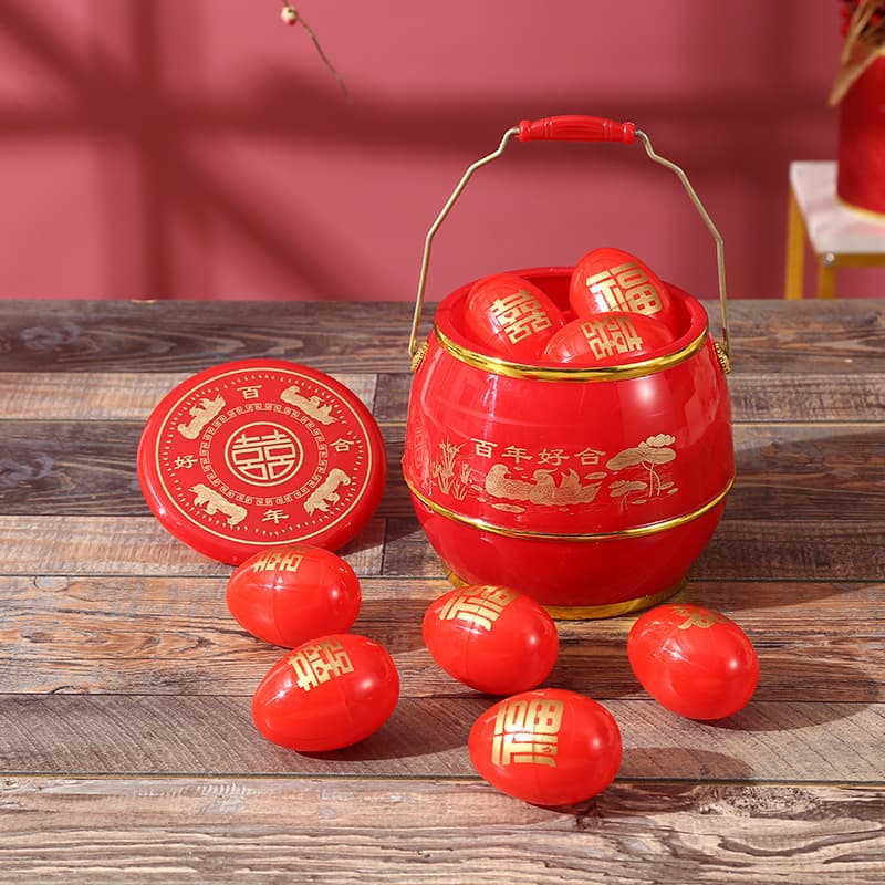 Wedding Descendants' Pail with Red and Gold Trim, Plastic Toilet for Dowry, Wholesale Heritage Buckets