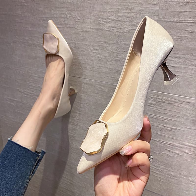 61502-105 White High Heels Women's Pointed 2024 New Satin Wedding Shoes Red Bridal Stiletto Shoes