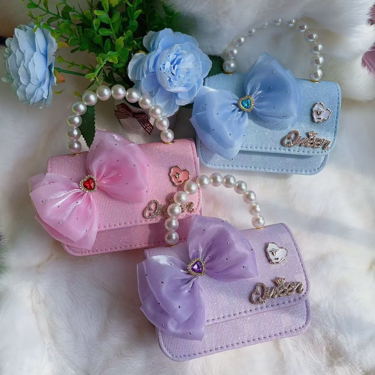 Bow-knot pearl handbag, princess-style shoulder bag, crossbody bag, coin purse, girl's Chanel-style children's chain square bag