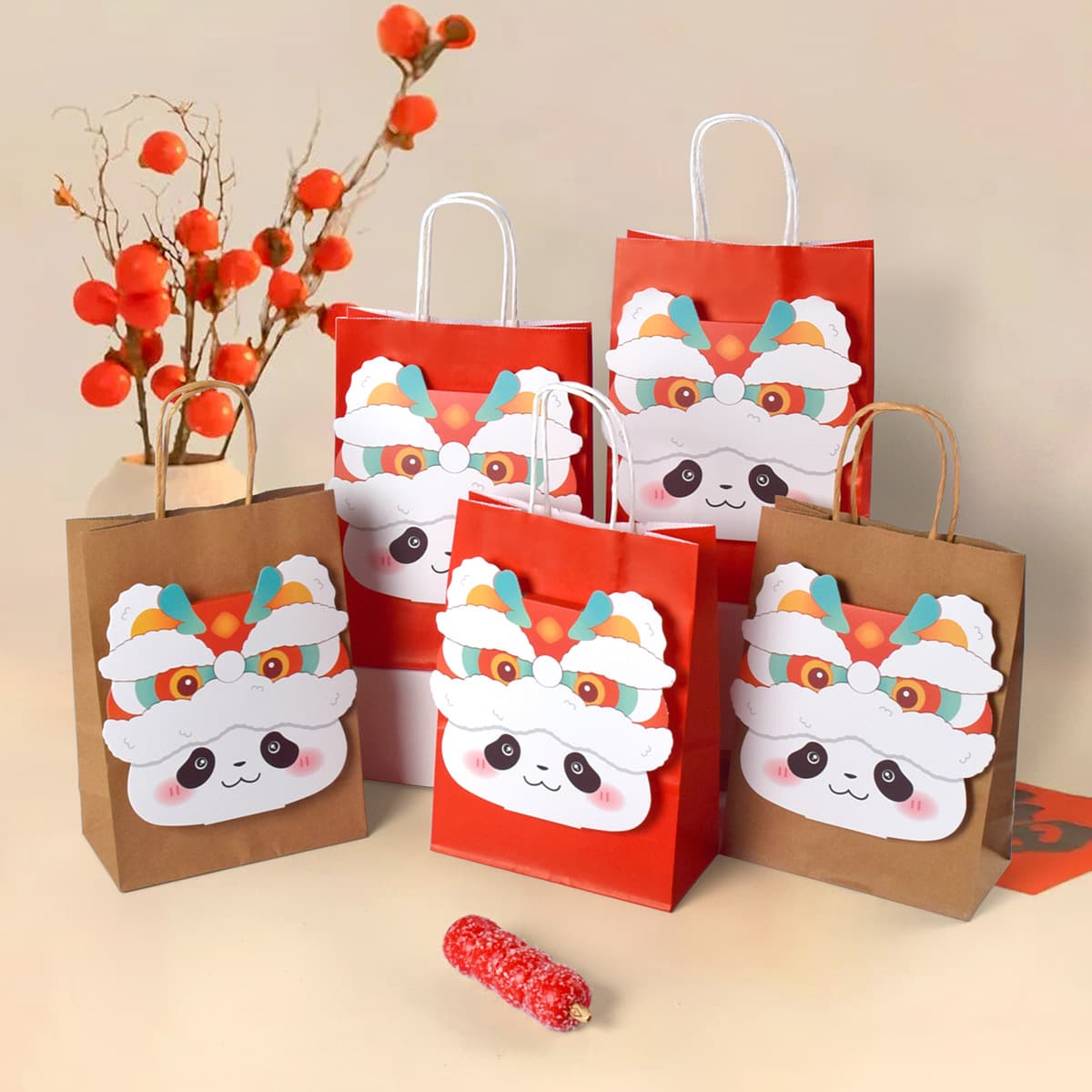 New Year's Eve DIY Cute Lion Wake Card Tote Bag Ready-made Red New Year Candy Tote Bag 10 pcs/pack