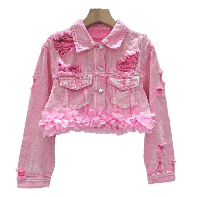 Hot Pink Ripped Denim Short Jacket for Women 2025 New Lace Design Loose Fashion Jacket Top Trendy