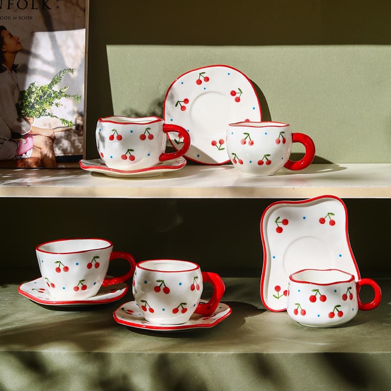 Spring Cherry Ceramic Cup and Saucer Set - High-End Aesthetic Coffee Cup Set for Home Breakfast Milk Cup, Gift Wholesale