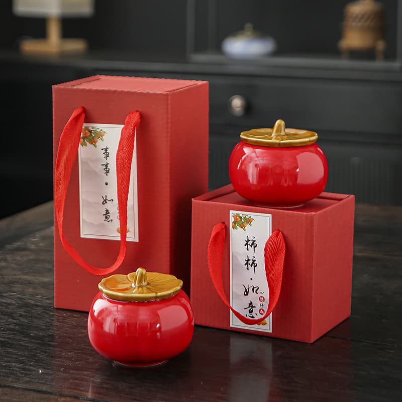 Red "Everything Goes Well" ceramic persimmon tea jars, creative wedding and event gift sealed containers wholesale.