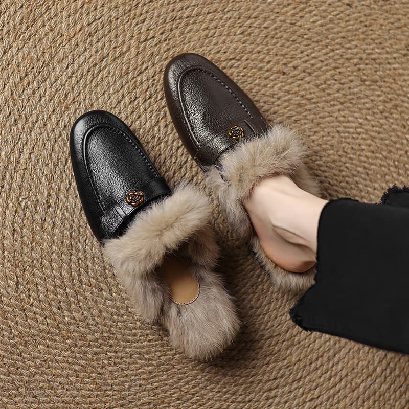 Korean Style First Layer Sheepskin Low Heel Fur Shoes 2024 Autumn Winter New Rabbit Hair Half Slippers Women's Genuine Leather Closed Toe Cotton 40