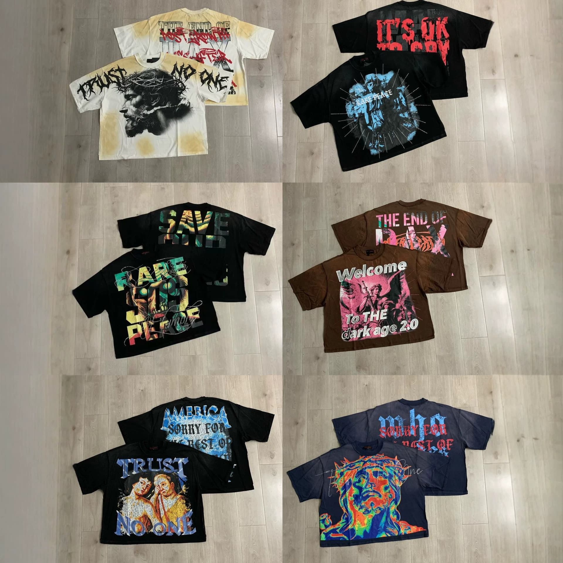 American Hip-Hop RARE P*ACE Crop Graphic Tee Washed Vintage Rhinestone Loose Short Sleeve T-Shirt Summer