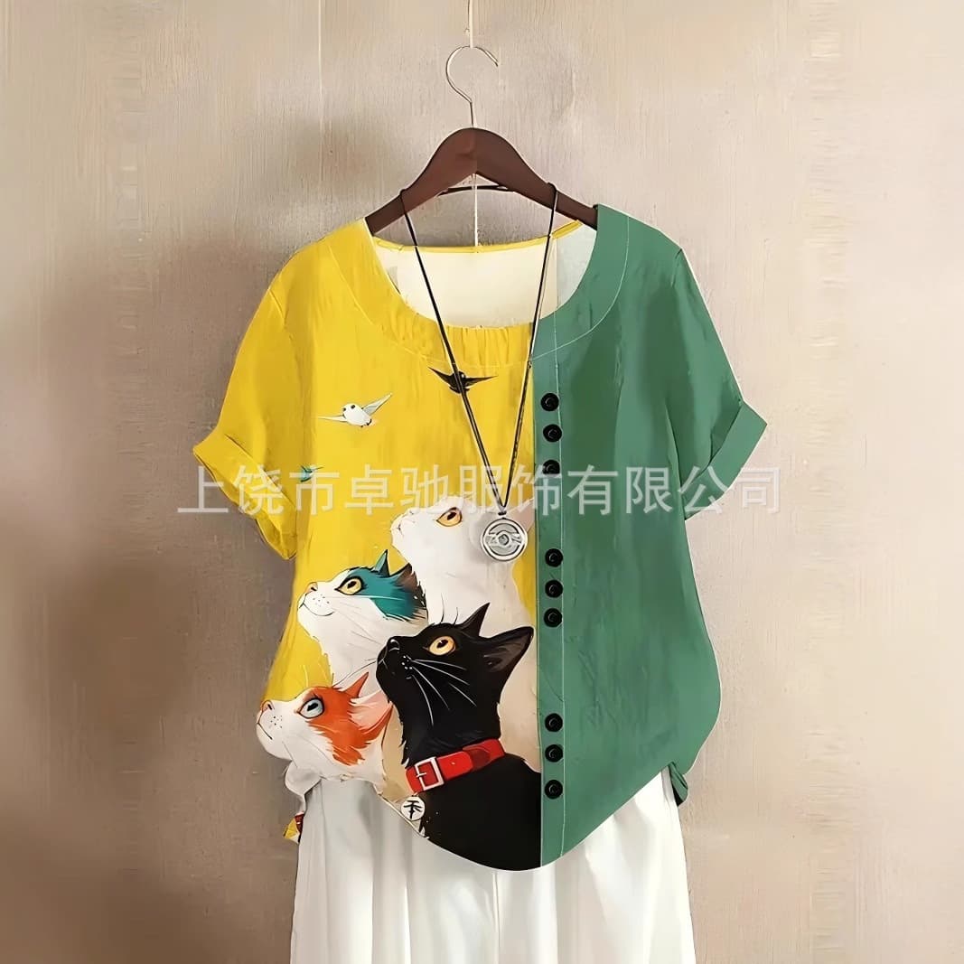 (Digital Print Version) Women's Summer and Autumn Retro Casual Loose Short-Sleeved T-Shirt Plus Size Amzwish Hot Item