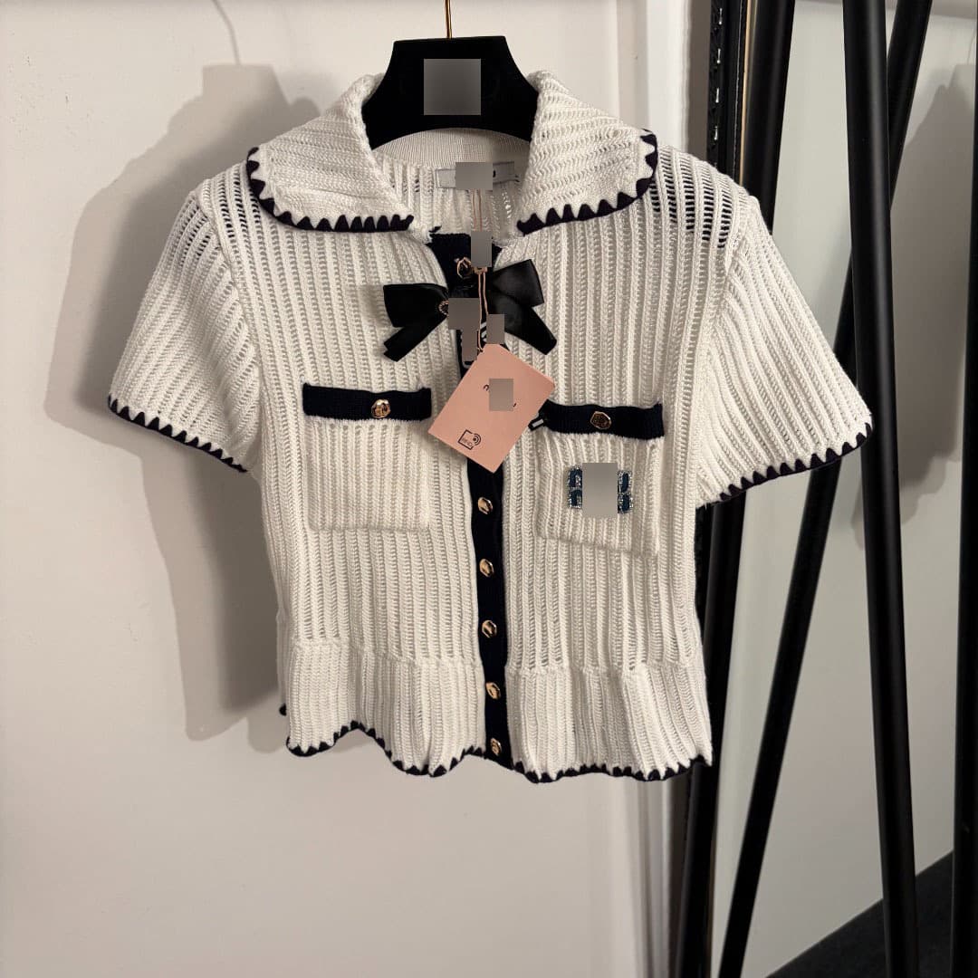 Shenzhen Nanyou High-End Foreign Trade Stylish New Style Rhinestone Logo Letter Bow Short-Sleeve Knitted Cardigan High-End