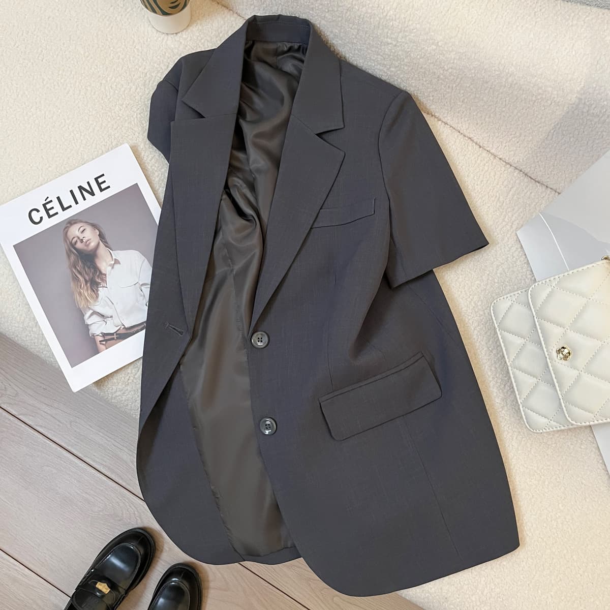 Gray retro short-sleeved suit jacket for women spring autumn summer 2025 new high-end fashion casual street suit for women