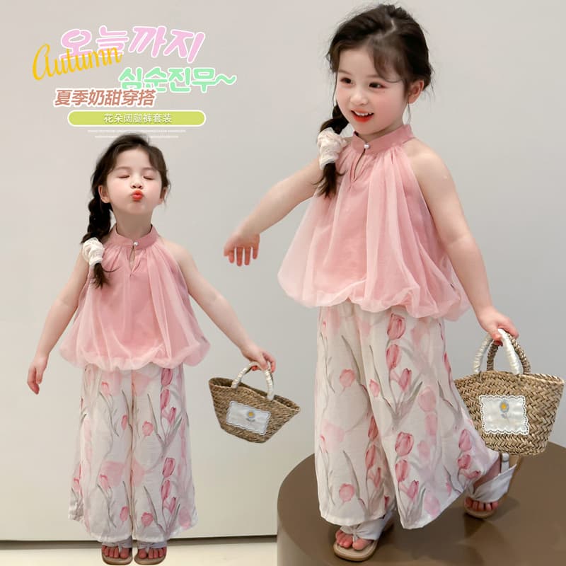 Girls Summer Set 2025 New Style Baby Girl New Chinese Style Vest Floral Wide-Leg Pants Two-Piece Set Toddler Girl Fashion