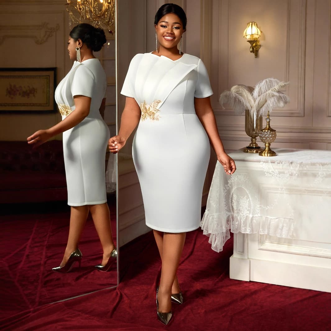 Plus Size Women's Fashion Embroidered Short Sleeve Dress, Cross-Border Plus Size High-Waist Banquet Party Dresses