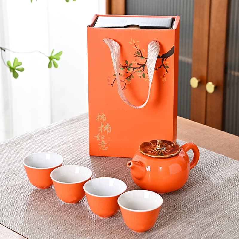 Persimmon Tea Set Complete with One Pot and Four Cups, Activity Gift Box, Souvenir for Gifting Clients, Custom Logo Printing