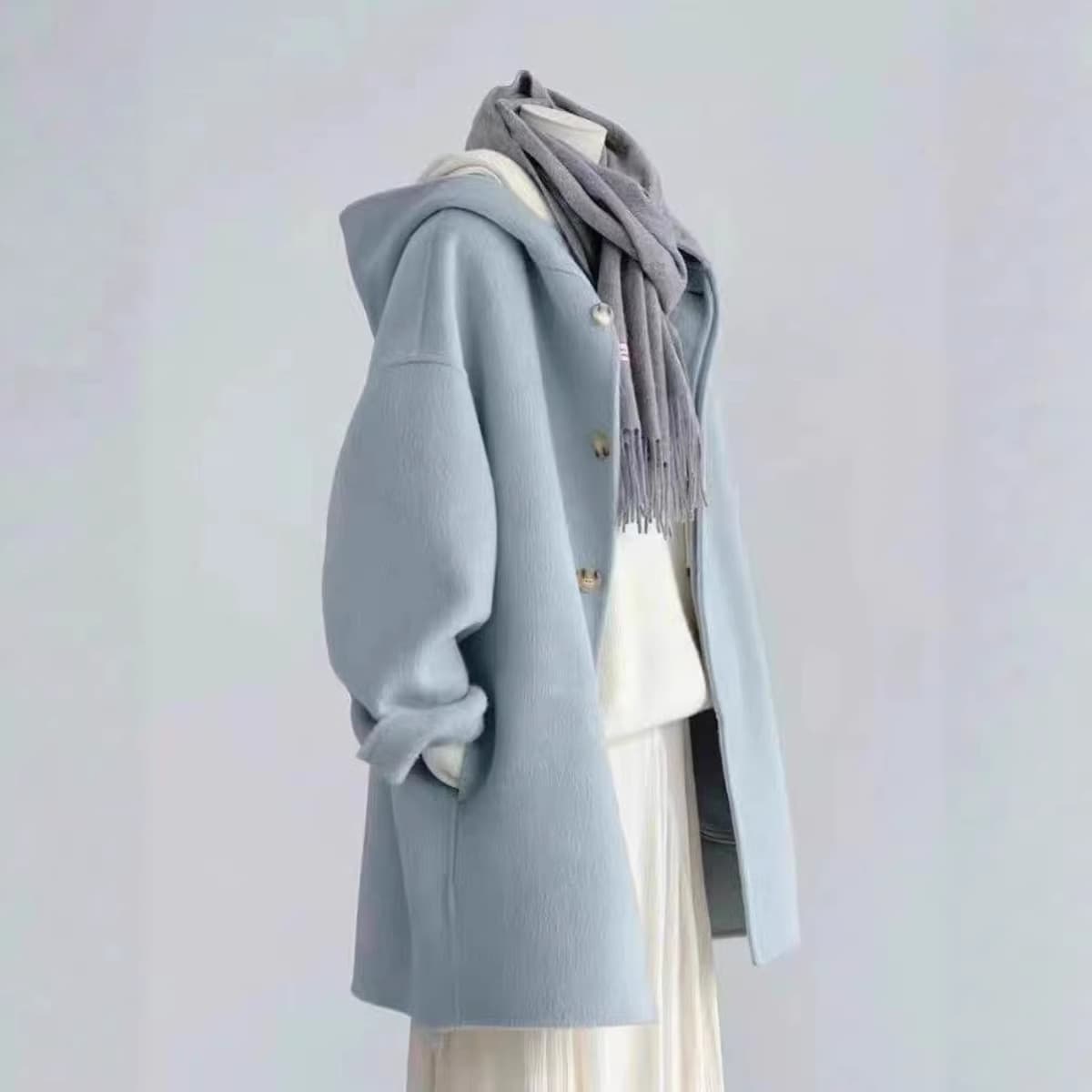 Plus Size 300lbs Wool Coat for Women Fall Winter Premium Cream Blue Hooded Overcoat