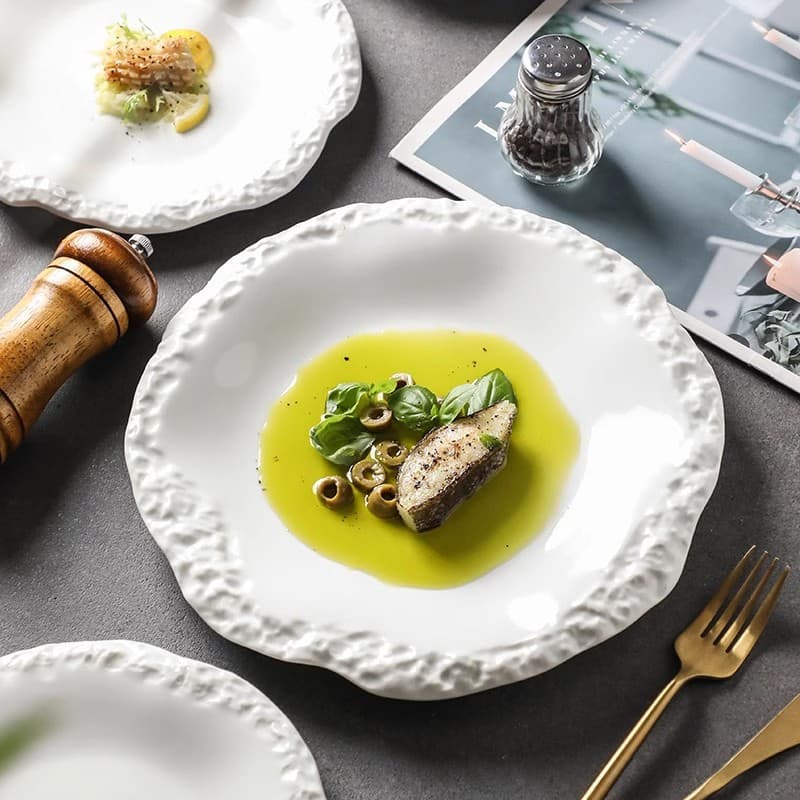 Creative Rock Grain Rim Plate Ceramic Flat Plate Shallow Plate Serving Plate High-End Hotel Restaurant Tableware Dinner Plate
