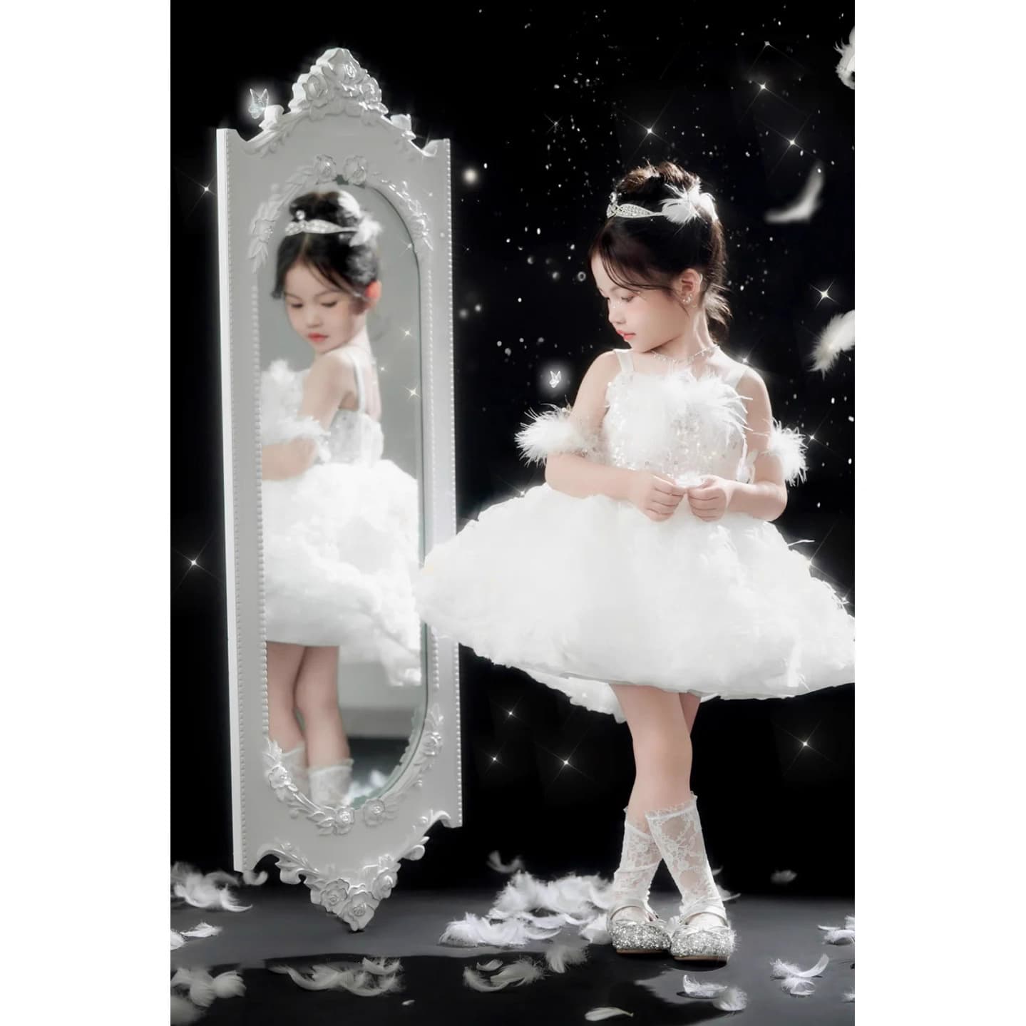 Girls White Lolita Dress Children Baby Birthday Music Box Gown Princess Flower Girl Wedding Performance Costume