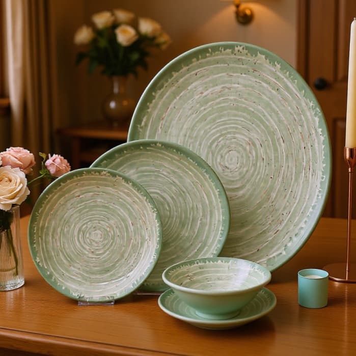 Export Melamine Bowl Plate Set Spiral Green Oval Large Plate Western Restaurant Salad Bowl