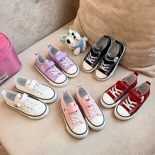 Korean High Top Canvas Shoes Kids Hook and Loop Unisex Children Skate Shoes Spring Autumn Student Cloth Shoes Kindergarten White Shoes