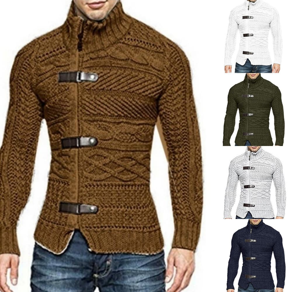 Amazon Cross-Border Foreign Trade Men's Clothing 2025 Autumn/Winter New Style Thick High Neck Top Long Sleeve Leather Button Knit Sweater