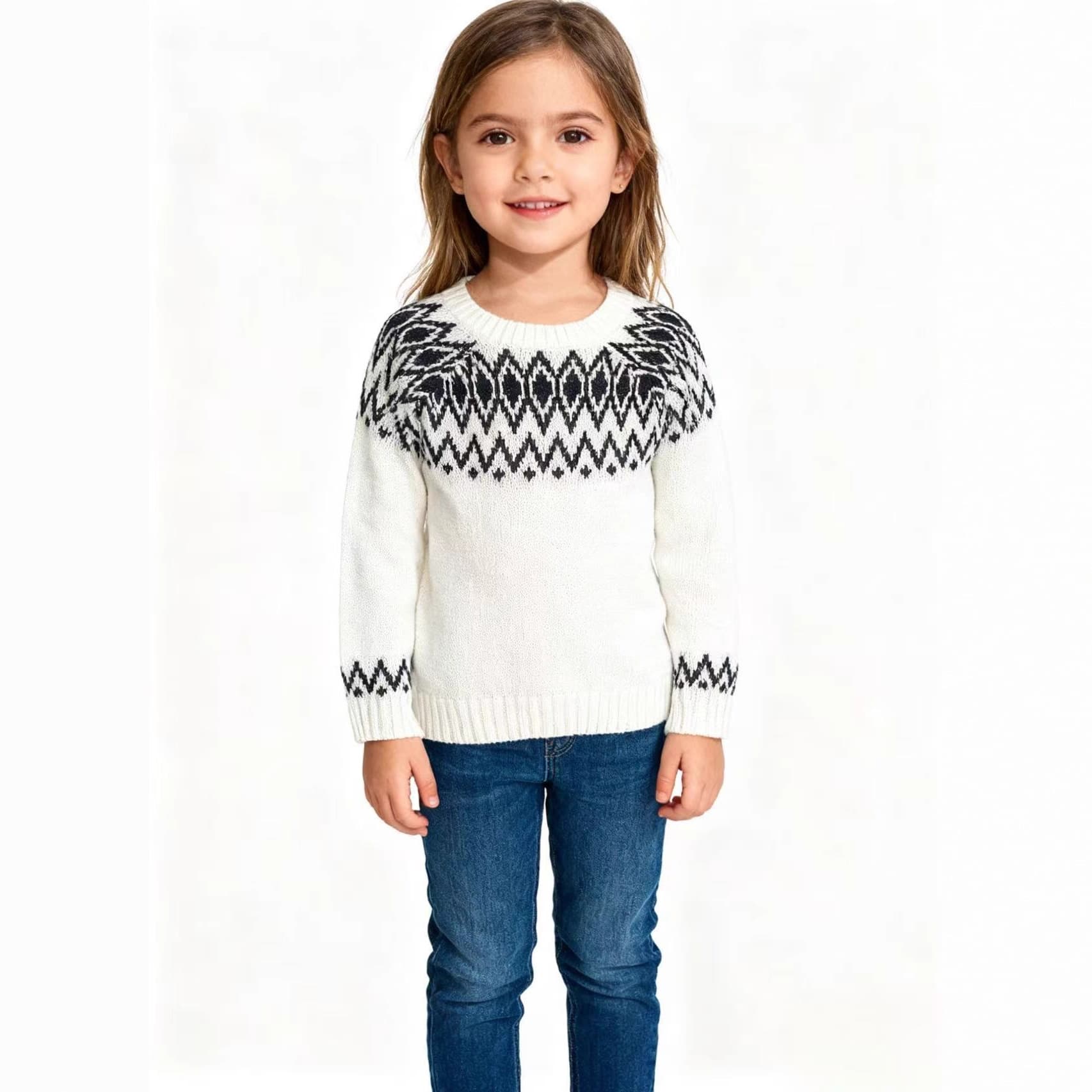 Kids Jacquard Sweater - European and American Style, Cotton Round Neck, Casual All-Match for Girls