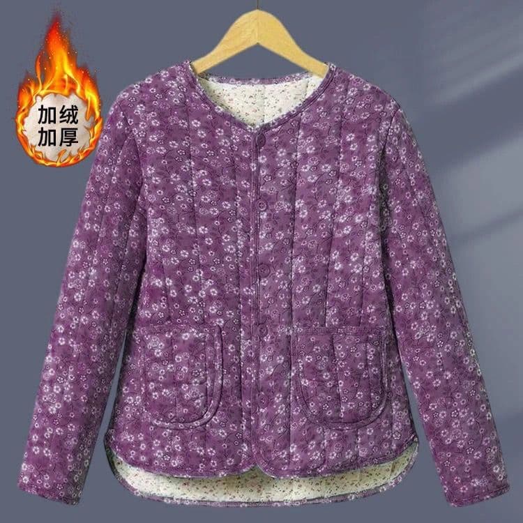 Winter Quilted Jacket with Floral Print, Women's Warm Cotton Coat Outerwear