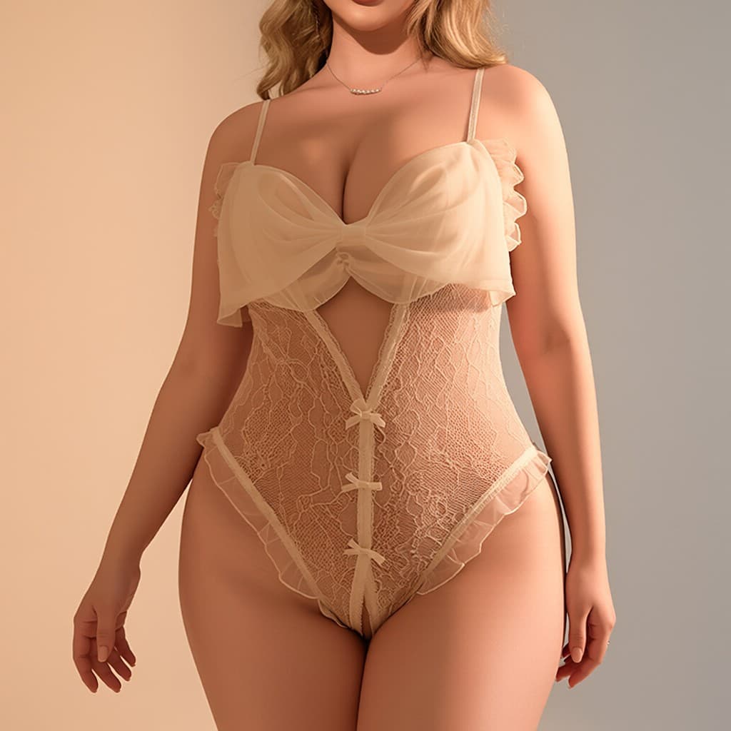 Cross-border foreign trade European and American large size sexy see-through French sexy lingerie women's bow lace sexy one-piece