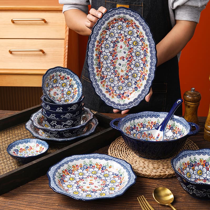 Polish Retro Ceramic Dinnerware Set with Double-Handled Soup Bowl and Handle Bowl, Year-End Gift for Employees, Internet-Famous Tableware