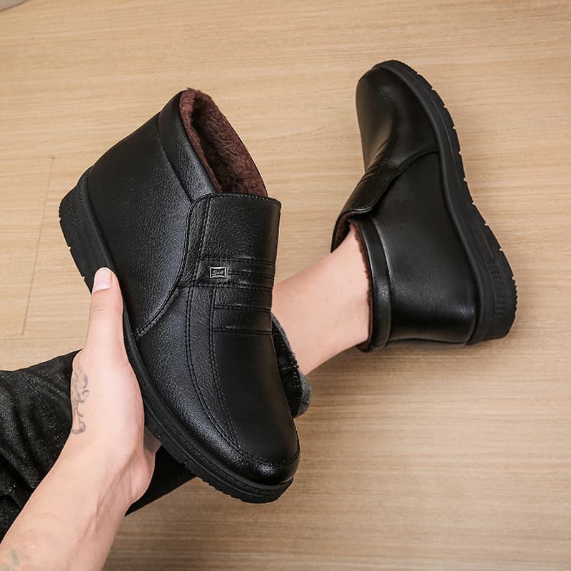 Warm Fleece-Lined Cotton Shoes for Men, High-Top Thick Sole Anti-Slip Snow Boots, Middle-Aged and Elderly Dad's Leather Cotton Shoes