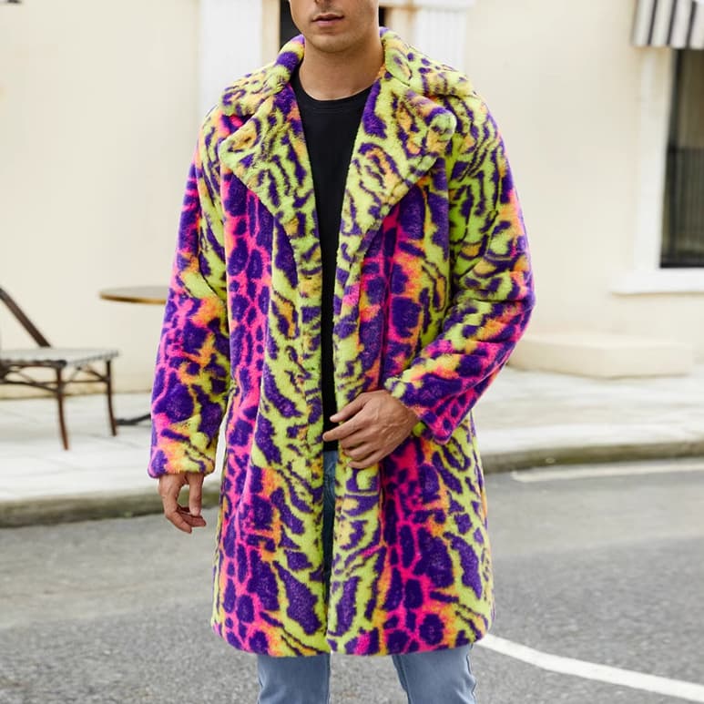 F0774 Cross-Border European and American Men's Faux Fur Coat Autumn and Winter Warm Plush Coat Leopard Print Contrast Color Coat