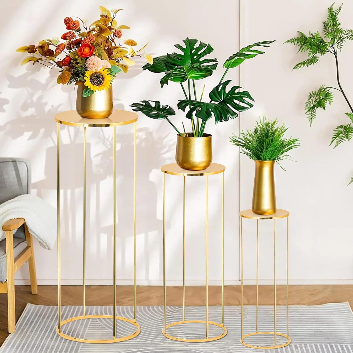 Gold Metal Plant Stand Set of 3 Tall Cylinder Base Holder for Party Wedding Living Room Garden Cake Decor