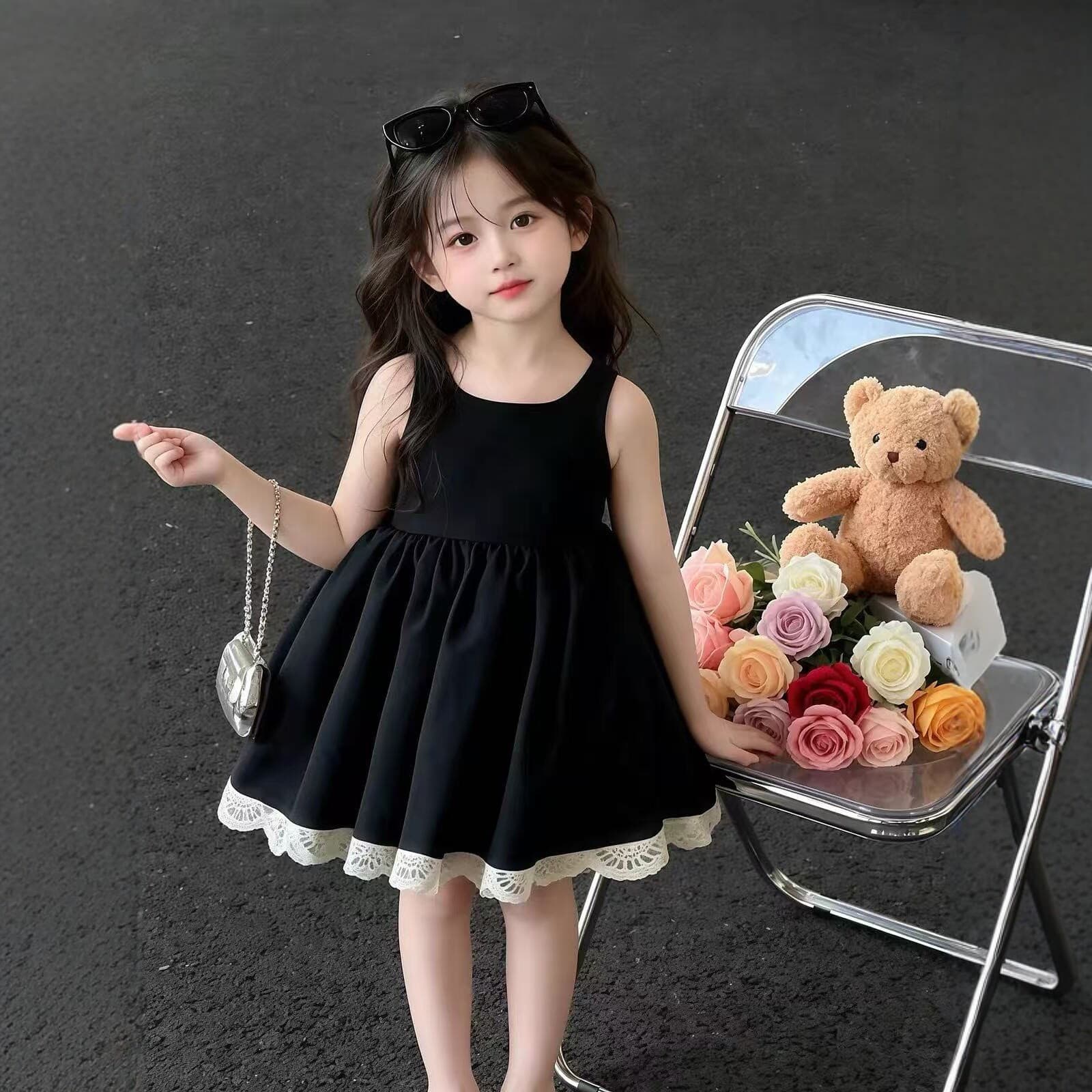 Girls New 2026 Black Sleeveless Dress Princess Style Fluffy Skirt Lace Trim Sweet Cute Summer Casual