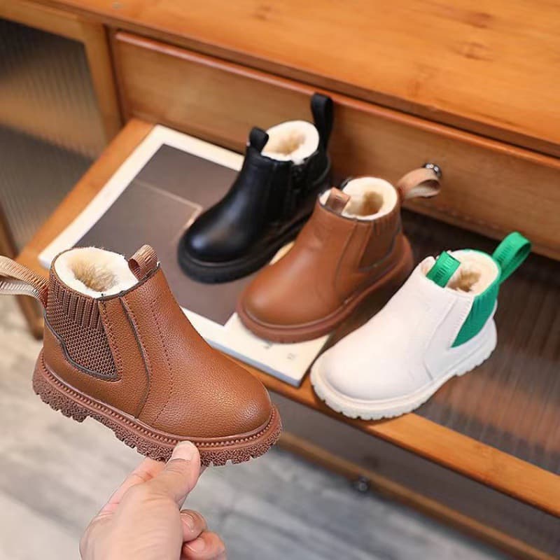 2025 Autumn Winter Children's Solid Color Fashion Simple Leather Boots Boys Casual Versatile Soft Sole Boots Factory Direct