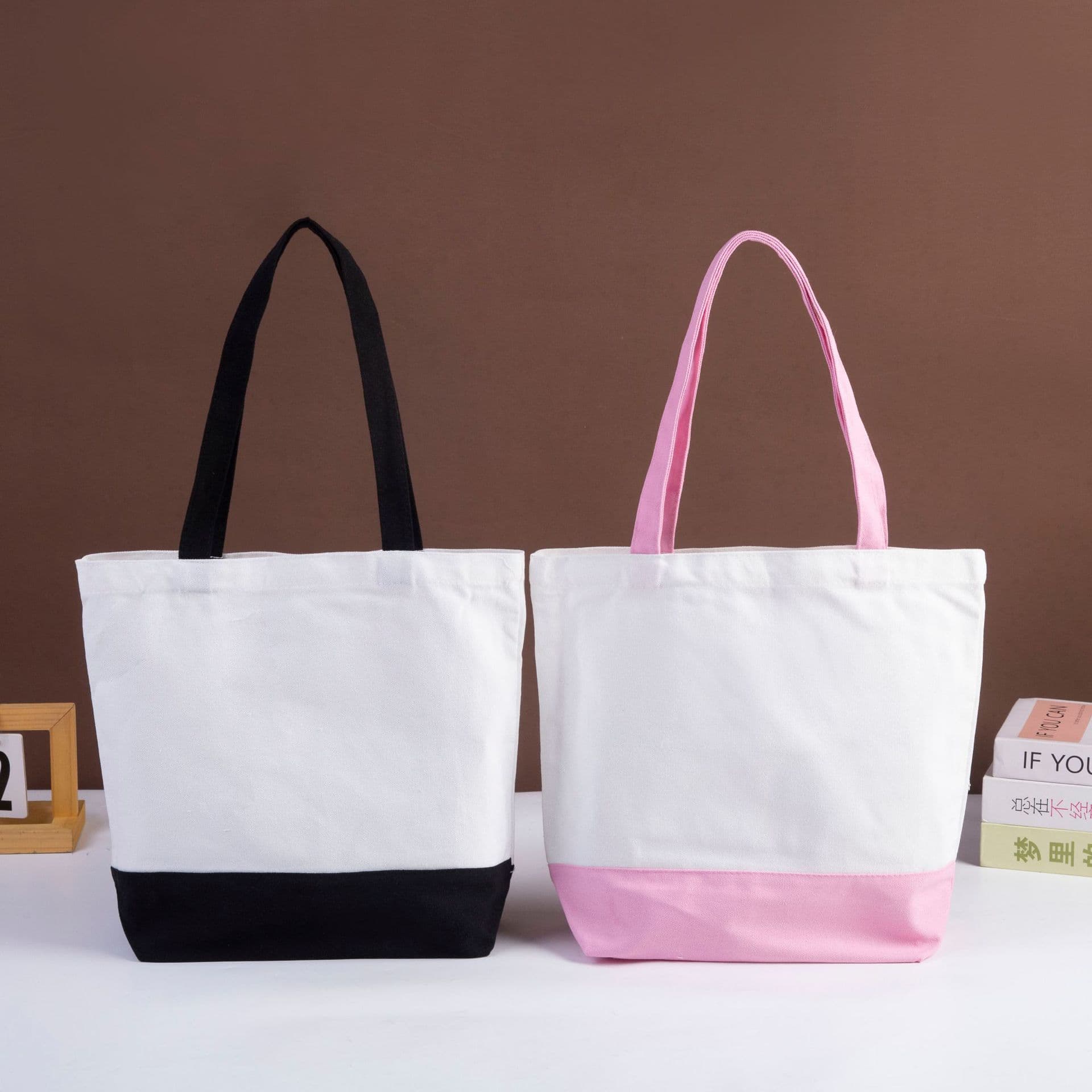 Color-block canvas tote bag with custom LOGO, lunch bag, shopping bag, student commuter tote bag, factory direct wholesale
