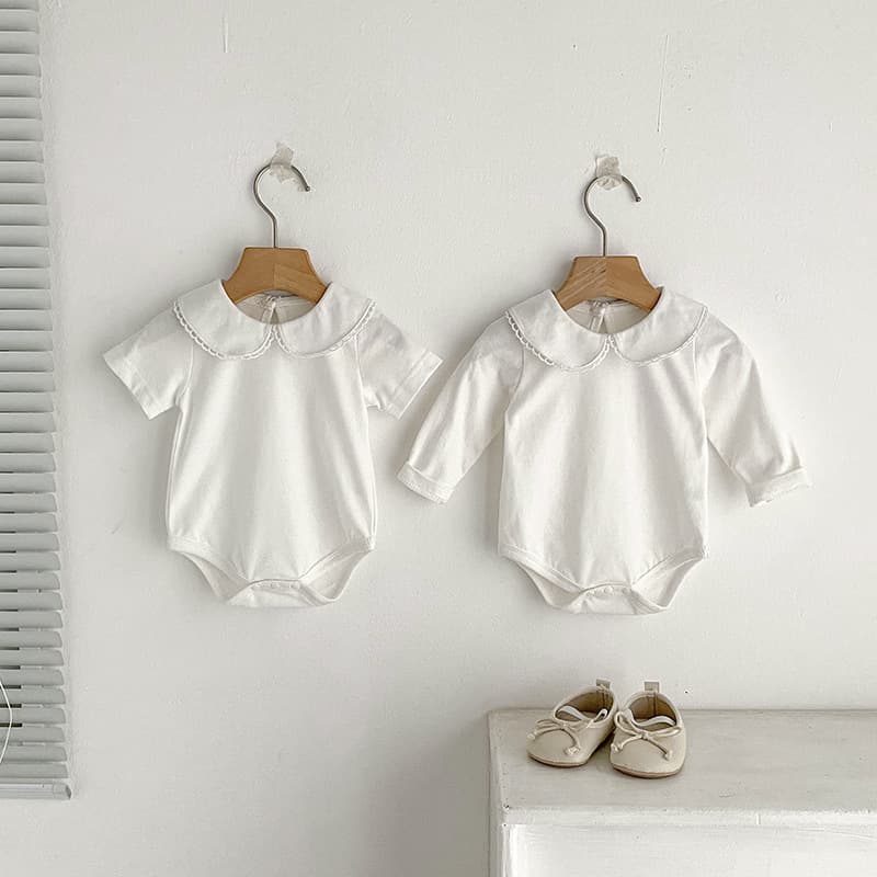 Baby Summer Newborn Girls White Solid Color Bodysuit with Peter Pan Collar, Romper, Crawling Suit