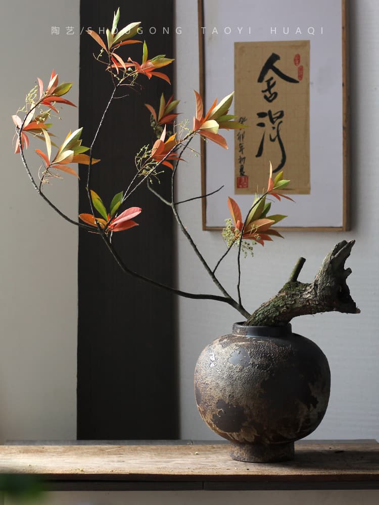 Wabi-sabi style retro coarse pottery vase living room entrance tabletop hydroponic flower arrangement pot belly round pottery pot Chinese ornaments