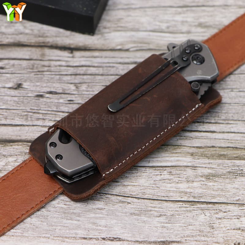 Genuine Leather Folding Knife Sheath, EDC Outdoor Survival Tool Pouch, Camping Pocket Knife Holster