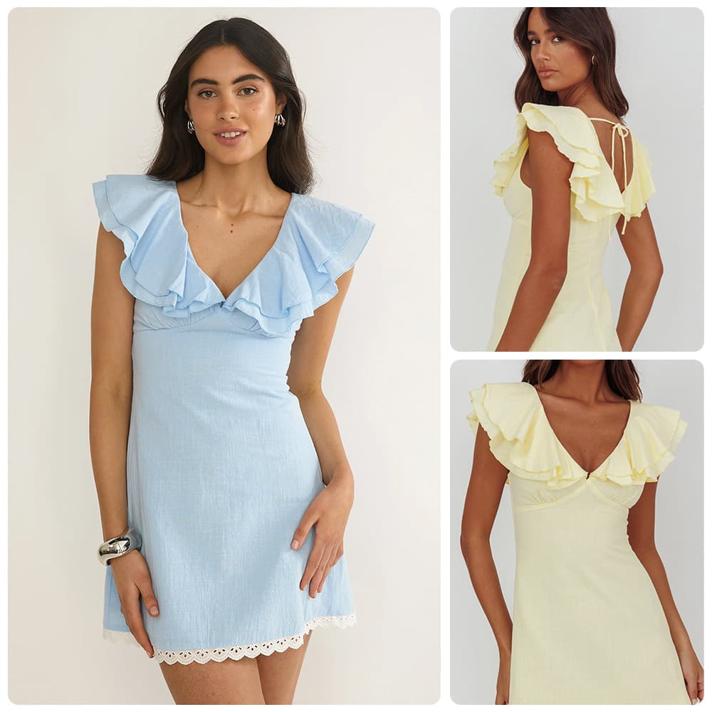 European and American Summer Sea Breeze Light Blue Deep V-Neck Ruffled Sleeveless Dress with Lace Trim Sweet Fairy Dress