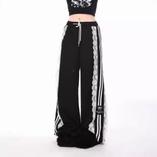 American Retro Lace Patchwork Casual Pants Women 2025 Summer New Stylish Loose Casual Straight Wide-Leg Pants