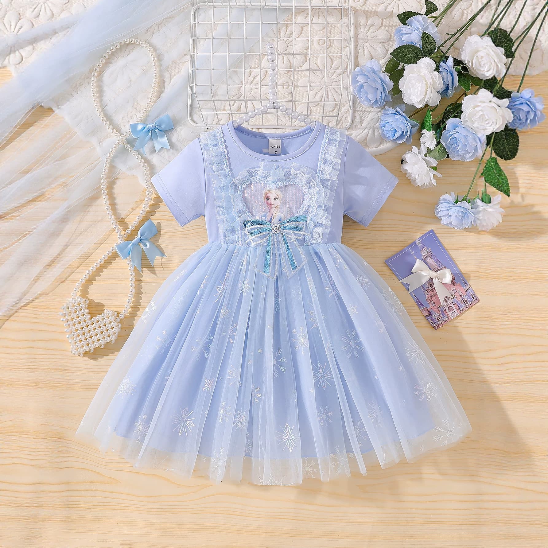 Frozen Elsa Princess Dress Girls Short Sleeve Cotton Dress Children's Birthday Dress Summer New Style
