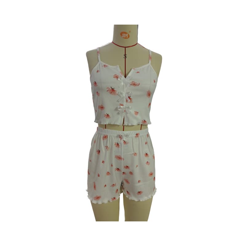 European and American 2024 Heart Shape Eyelash Print Pajamas Set V Neck Camisole Top Lettuce Trimmed Shorts Women's Pajamas