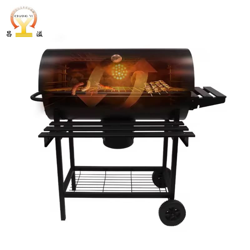 Large household barbecue grill, temperature-controlled charcoal grill with side panels, outdoor drum-shaped barbecue grill.
