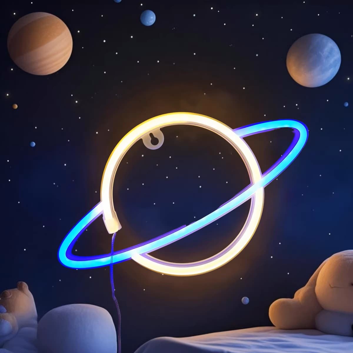 Neon Glowing Planet Sign LED Planet Neon Light Gaming Room Bedroom Wall-Mounted Romantic Atmosphere Decorative Light