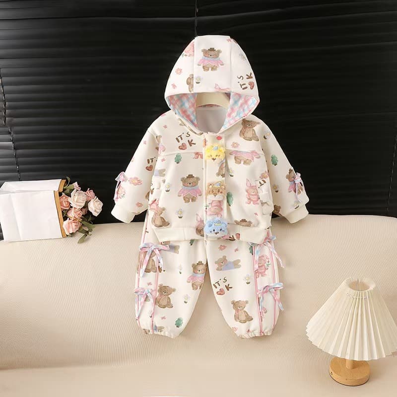 Girls Spring and Autumn Long Sleeve Set Children Korean Style Cute Baby Girl Cartoon Hooded Jacket Casual Two-Piece Set Trendy