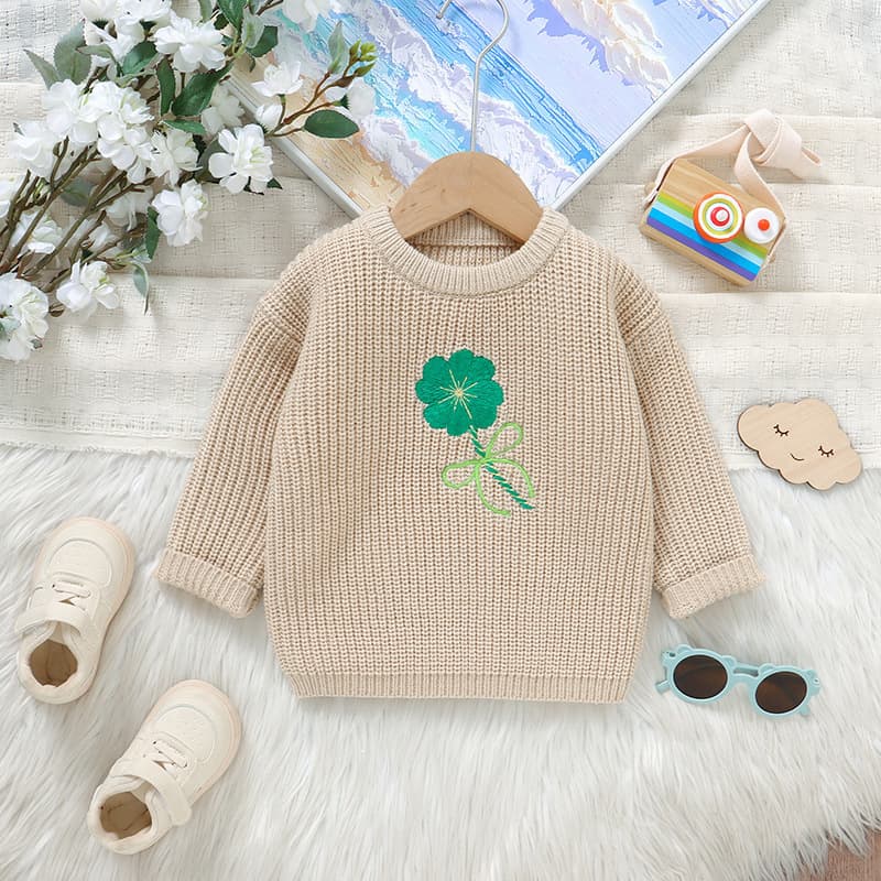 Trending New Infant Baby Knit Solid Color Embroidered Four-Leaf Clover Top Sweater