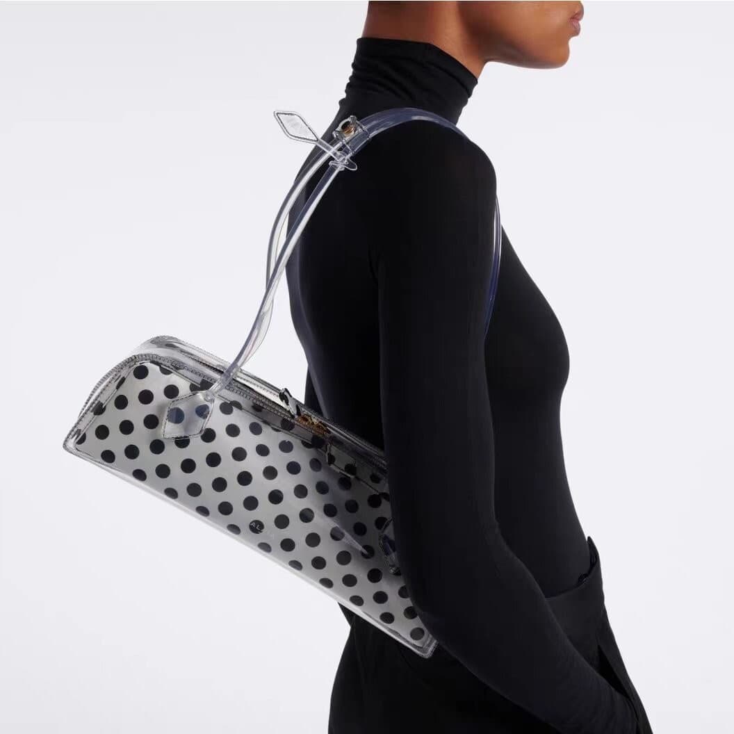 Summer Transparent PVC Polka Dot Baguette Bag Women Long Handle Handheld Underarm Bag Vintage Round Dot Long Cylinder Single Shoulder Bag