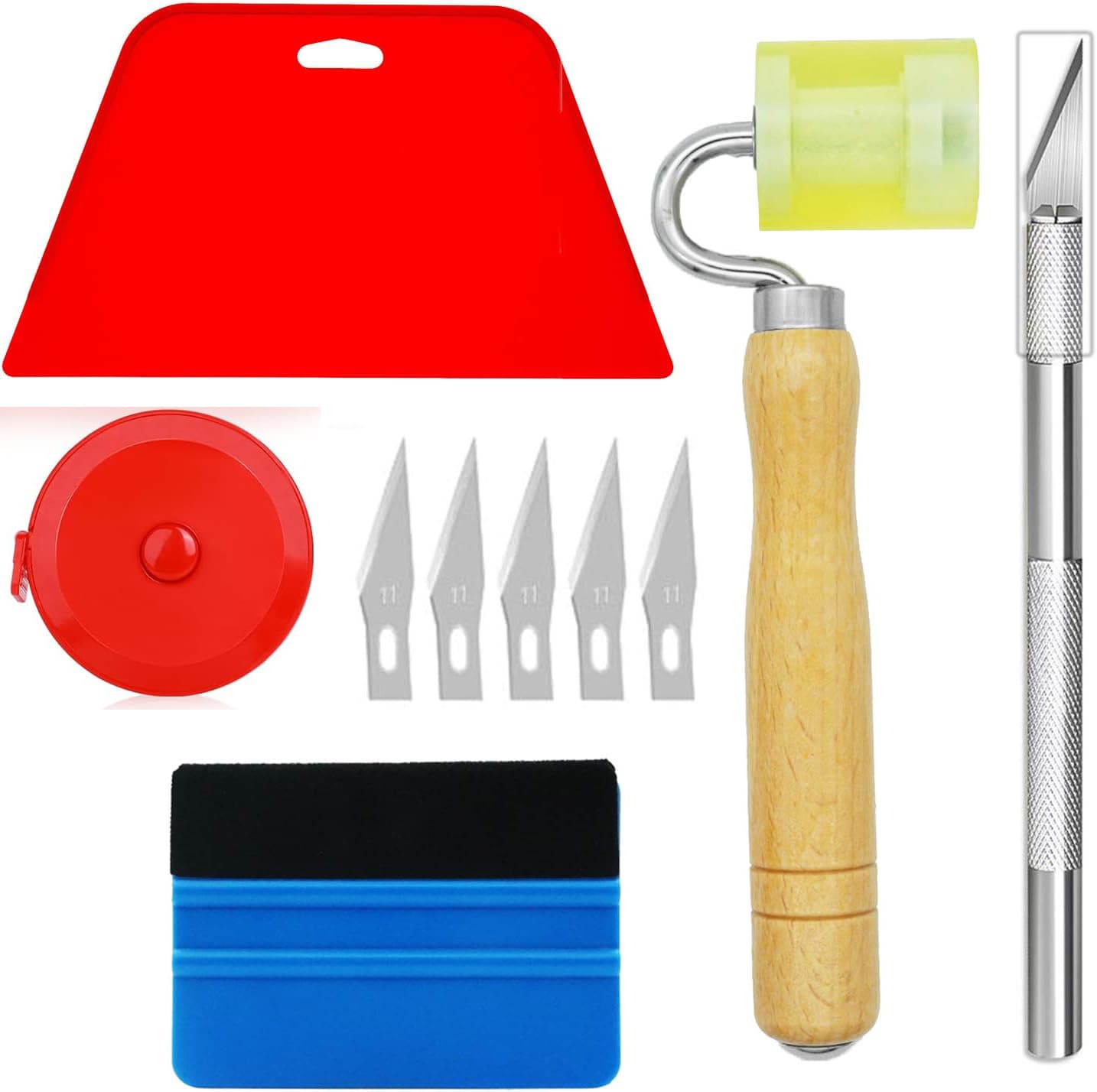 Wallpaper smoothing tool kit includes a measuring tape, a red scraper, a rubber hand roller, and a craft knife for bonding paper.
