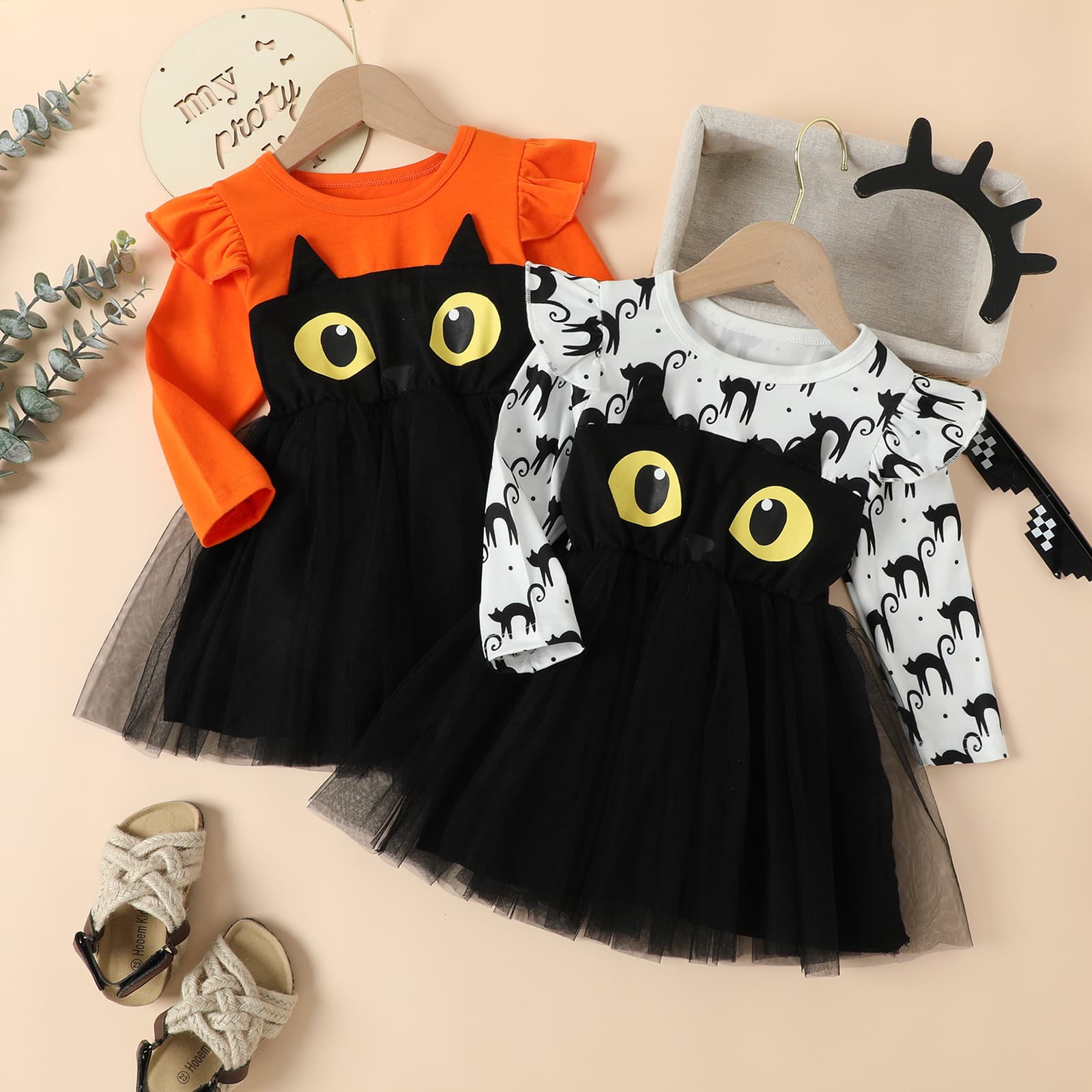 Halloween Kids Costume New European and American Style Autumn Long-Sleeve Cartoon Mesh Princess Dress for Girls
