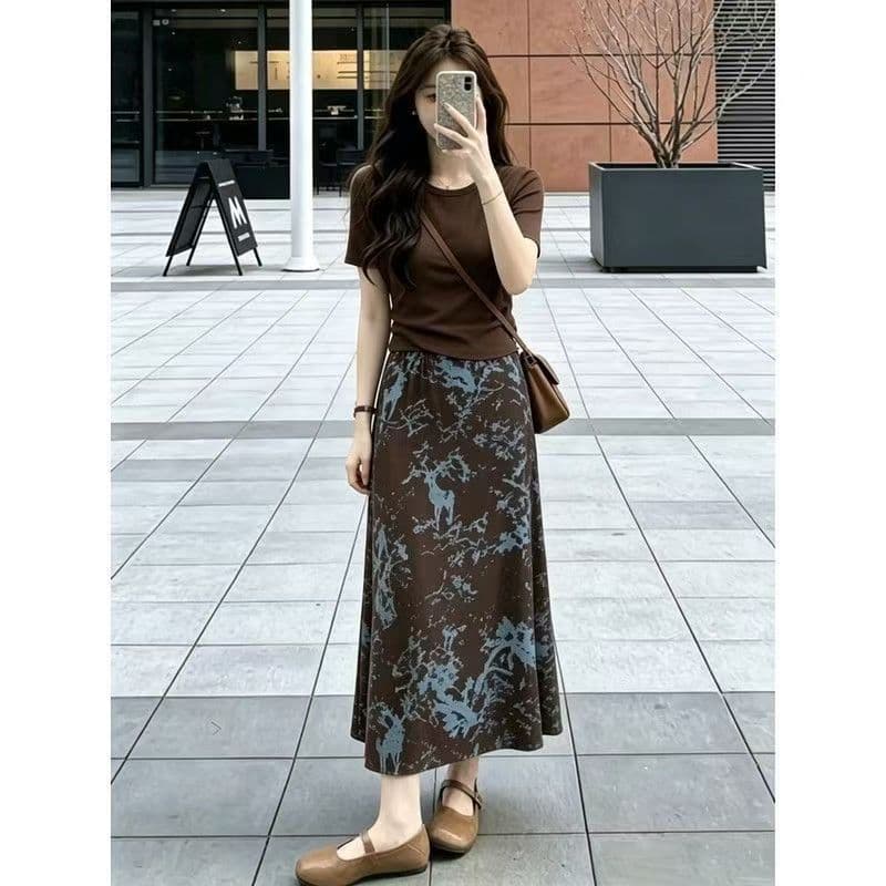 Fashion suit skirt for women 2026 summer new style slim short-sleeved floral skirt elegant two-piece set